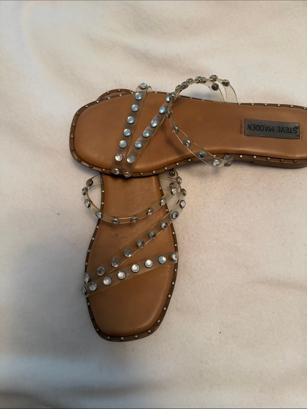 Steve Madden Tan Slide Sandals with Clear Studded Straps